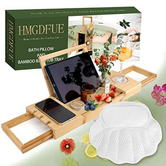 *New* Bamboo Bathtub Caddy Tray & Pillow - Picture 1 of 9